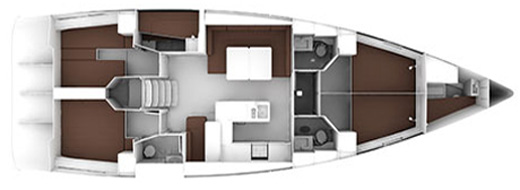 Grundriss der Bavaria Cruiser 56 – Kabinenaufteilung mit Salon, Pantry und Nasszellen